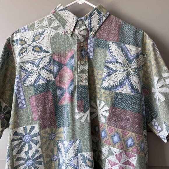 Vintage Reyn Spooner Shirt Mens Large Green Hawaiian Aloha Floral Geometric 90s - Picture 3 of 10